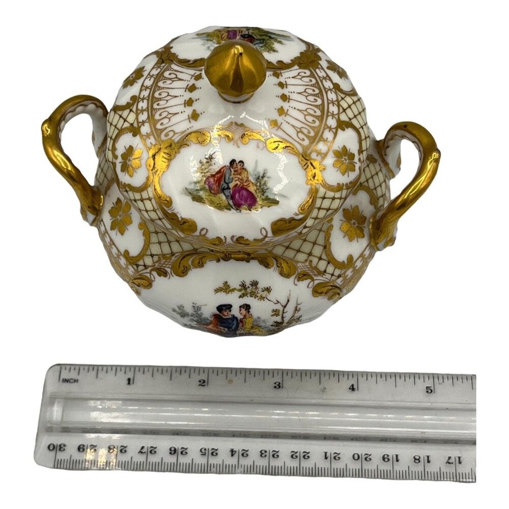 Antique Dresden Ohme Germany Creamer & Sugar Hand Painted Watteau Scenes Gold - Picture 14 of 16